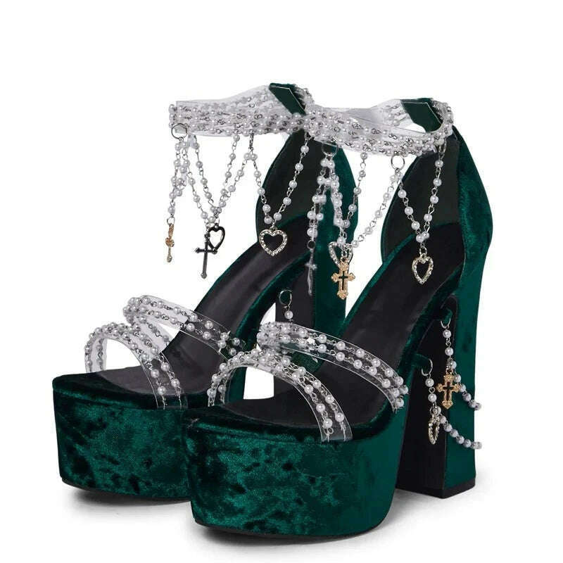 Green Suede Platform Chunky High Heels 2024 Summer Girls Pearl Chain Decor All-match Sandals Fashion Sexy Runway Nightclub Shoes - KIMLUD