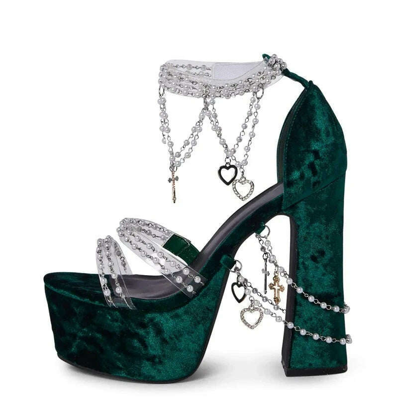 Green Suede Platform Chunky High Heels 2024 Summer Girls Pearl Chain Decor All-match Sandals Fashion Sexy Runway Nightclub Shoes - KIMLUD