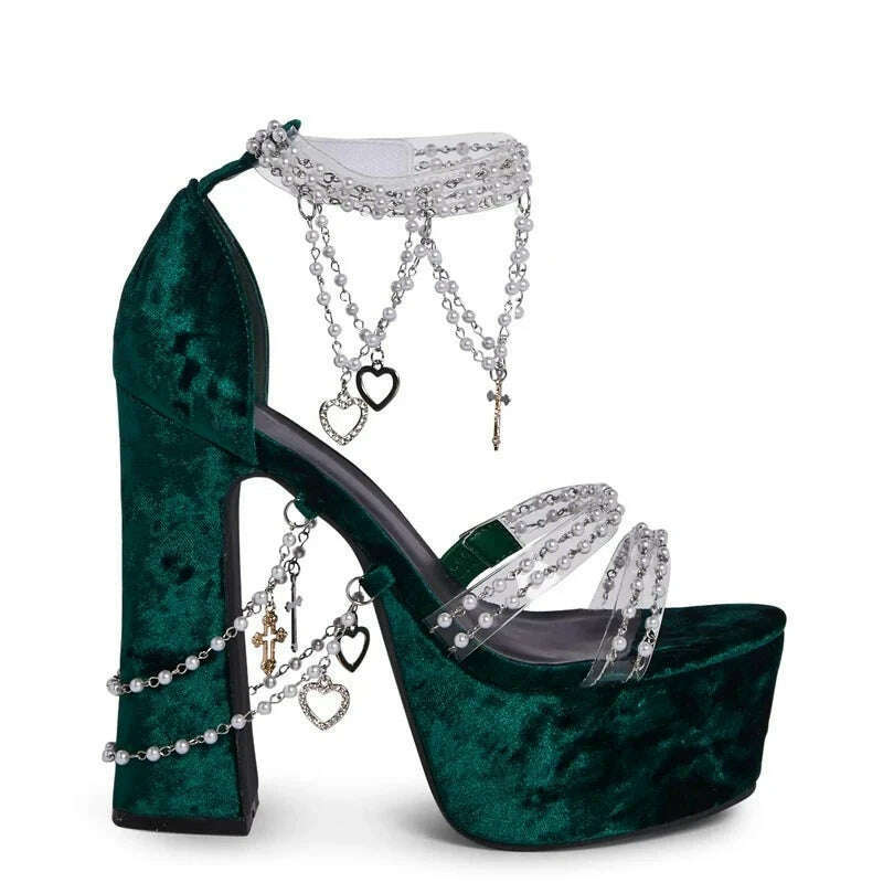 Green Suede Platform Chunky High Heels 2024 Summer Girls Pearl Chain Decor All-match Sandals Fashion Sexy Runway Nightclub Shoes - KIMLUD