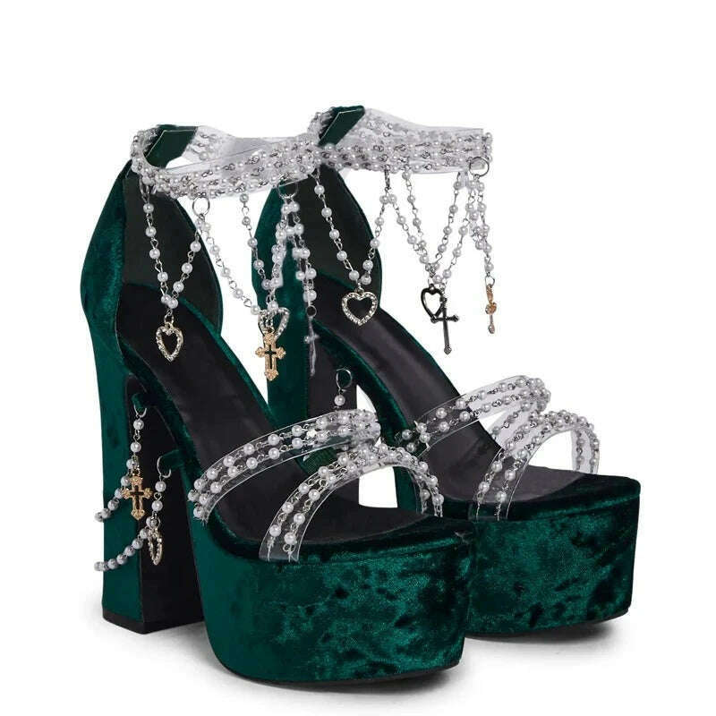 Green Suede Platform Chunky High Heels 2024 Summer Girls Pearl Chain Decor All-match Sandals Fashion Sexy Runway Nightclub Shoes - KIMLUD