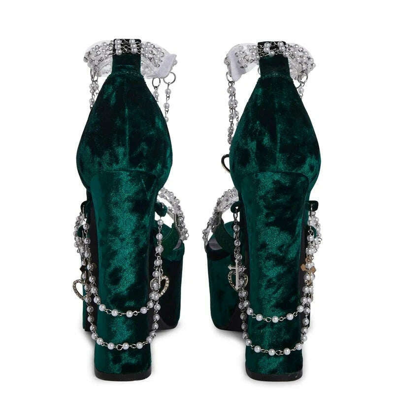 Green Suede Platform Chunky High Heels 2024 Summer Girls Pearl Chain Decor All-match Sandals Fashion Sexy Runway Nightclub Shoes - KIMLUD