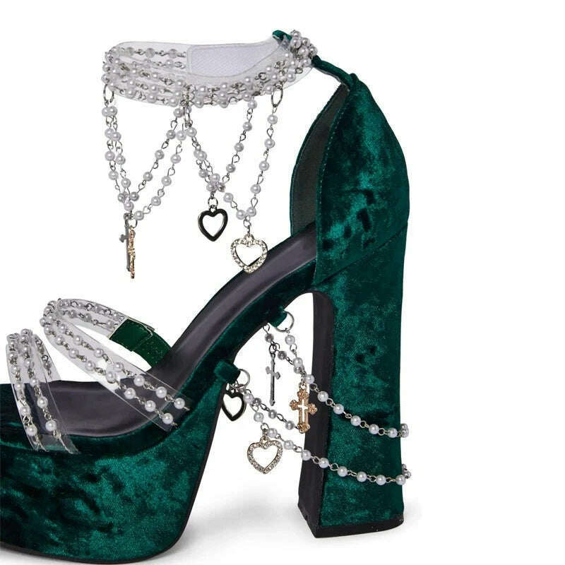 Green Suede Platform Chunky High Heels 2024 Summer Girls Pearl Chain Decor All-match Sandals Fashion Sexy Runway Nightclub Shoes - KIMLUD