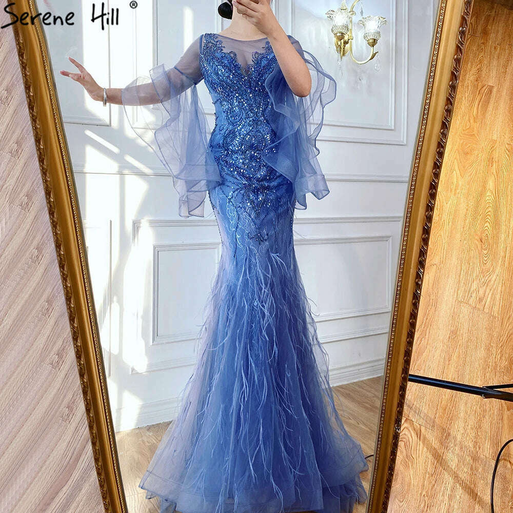 Grey Luxury Sparkl Sequins Beading Mermaid Evening Dresses 2023 Petal Long Sleeves Sexy Formal Gown Serene Hill BLA70410 - KIMLUD