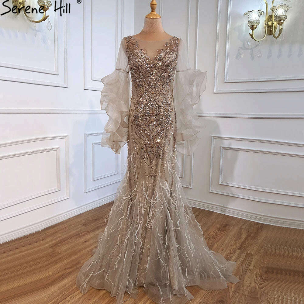 KIMLUD, Grey Luxury Sparkl Sequins Beading Mermaid Evening Dresses 2023 Petal Long Sleeves Sexy Formal Gown Serene Hill BLA70410, KIMLUD Women's Clothes