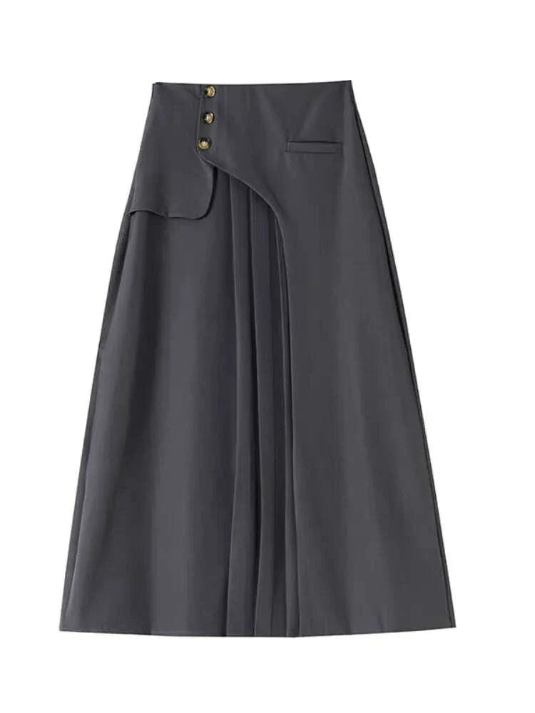 Grey Suiting Midi Skirts for Women High-Waisted A-Line Flare Skirt Perfect Hip-Camouflage Office Skirt for Autumn