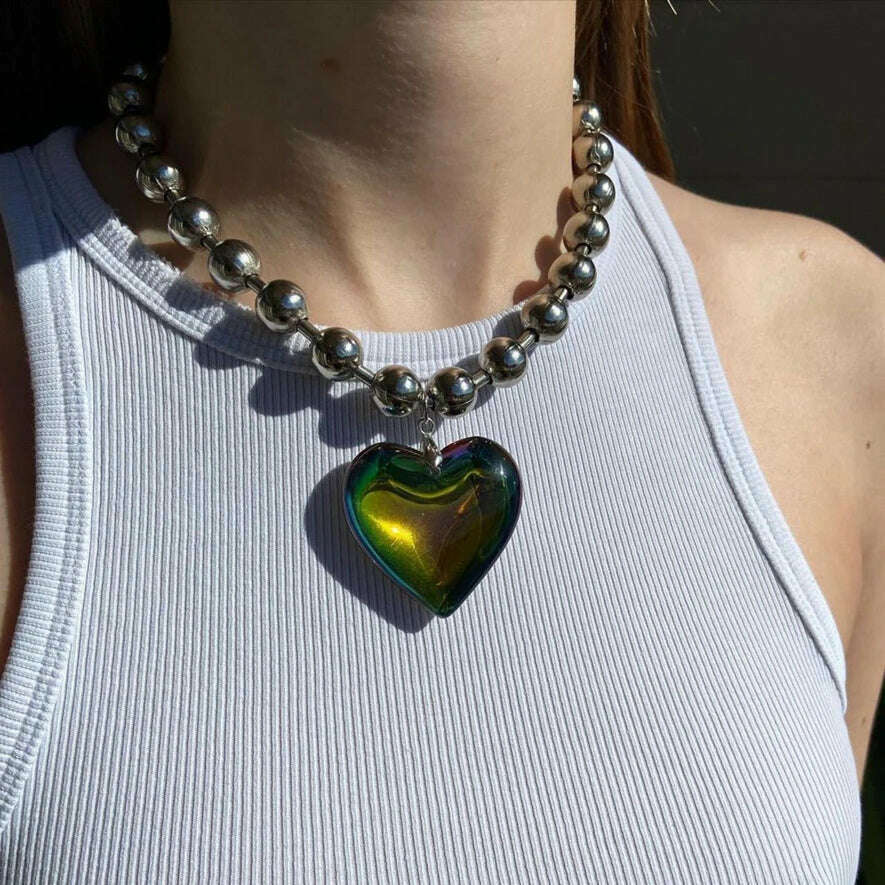 Grunge Fashion Glass Heart Pendant Necklace Y2K Oversize Ball Beads Chain Statement Choker Necklace for Women Club Punk Jewelry - KIMLUD