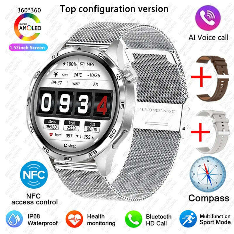KIMLUD, GT5 PRO Smart Watch Men Watch 5 Pro AMOLED HD Screen Bluetooth Call GPS Trajectory NFC Heart Rate Compass SmartWatches 2025 New, Silver Mesh belt / GPS NFC Smart Watch, KIMLUD APPAREL - Womens Clothes