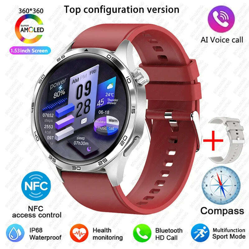 KIMLUD, GT5 PRO Smart Watch Men Watch 5 Pro AMOLED HD Screen Bluetooth Call GPS Trajectory NFC Heart Rate Compass SmartWatches 2025 New, Silver red / GPS NFC Smart Watch, KIMLUD APPAREL - Womens Clothes