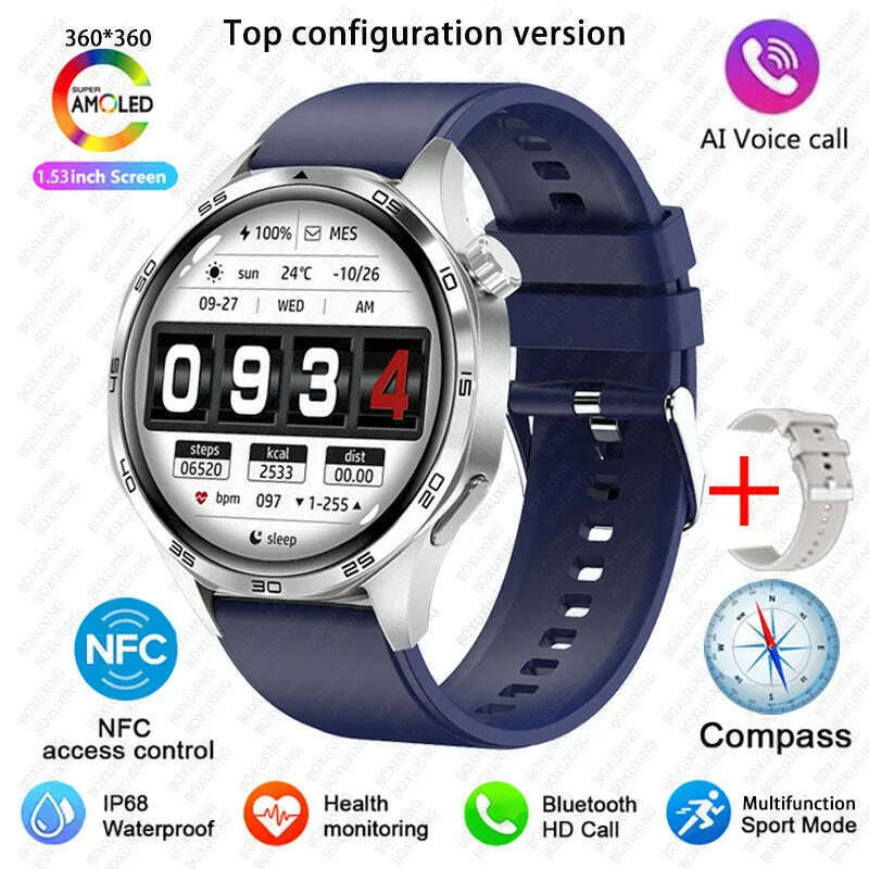 KIMLUD, GT5 PRO Smart Watch Men Watch 5 Pro AMOLED HD Screen Bluetooth Call GPS Trajectory NFC Heart Rate Compass SmartWatches 2025 New, Silver blue / GPS NFC Smart Watch, KIMLUD APPAREL - Womens Clothes