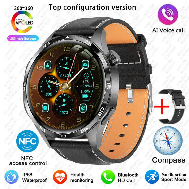 KIMLUD, GT5 PRO Smart Watch Men Watch 5 Pro AMOLED HD Screen Bluetooth Call GPS Trajectory NFC Heart Rate Compass SmartWatches 2025 New, Black leather / GPS NFC Smart Watch, KIMLUD APPAREL - Womens Clothes