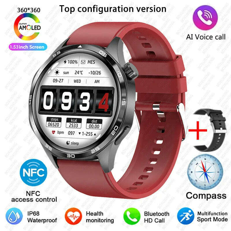 KIMLUD, GT5 PRO Smart Watch Men Watch 5 Pro AMOLED HD Screen Bluetooth Call GPS Trajectory NFC Heart Rate Compass SmartWatches 2025 New, Black red / GPS NFC Smart Watch, KIMLUD APPAREL - Womens Clothes