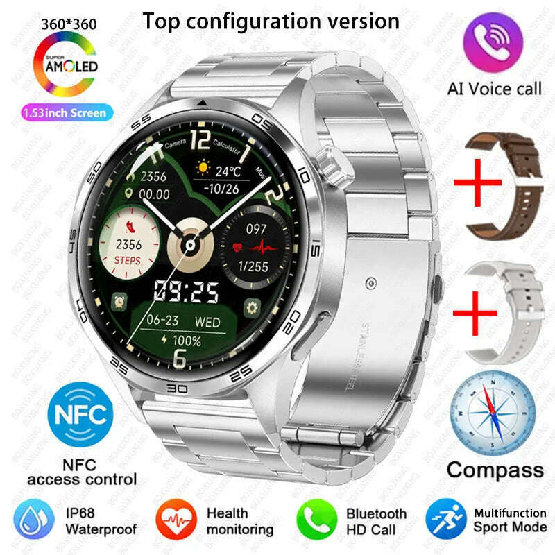 KIMLUD, GT5 PRO Smart Watch Men Watch 5 Pro AMOLED HD Screen Bluetooth Call GPS Trajectory NFC Heart Rate Compass SmartWatches 2025 New, Silver steel / GPS NFC Smart Watch, KIMLUD APPAREL - Womens Clothes