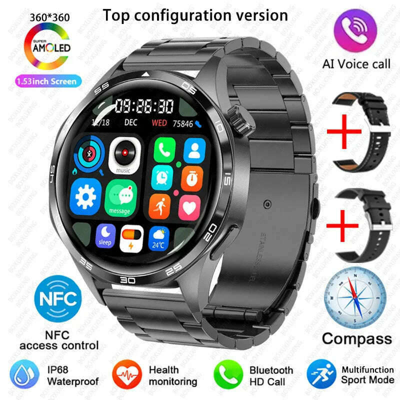 KIMLUD, GT5 PRO Smart Watch Men Watch 5 Pro AMOLED HD Screen Bluetooth Call GPS Trajectory NFC Heart Rate Compass SmartWatches 2025 New, Black steel / GPS NFC Smart Watch, KIMLUD APPAREL - Womens Clothes