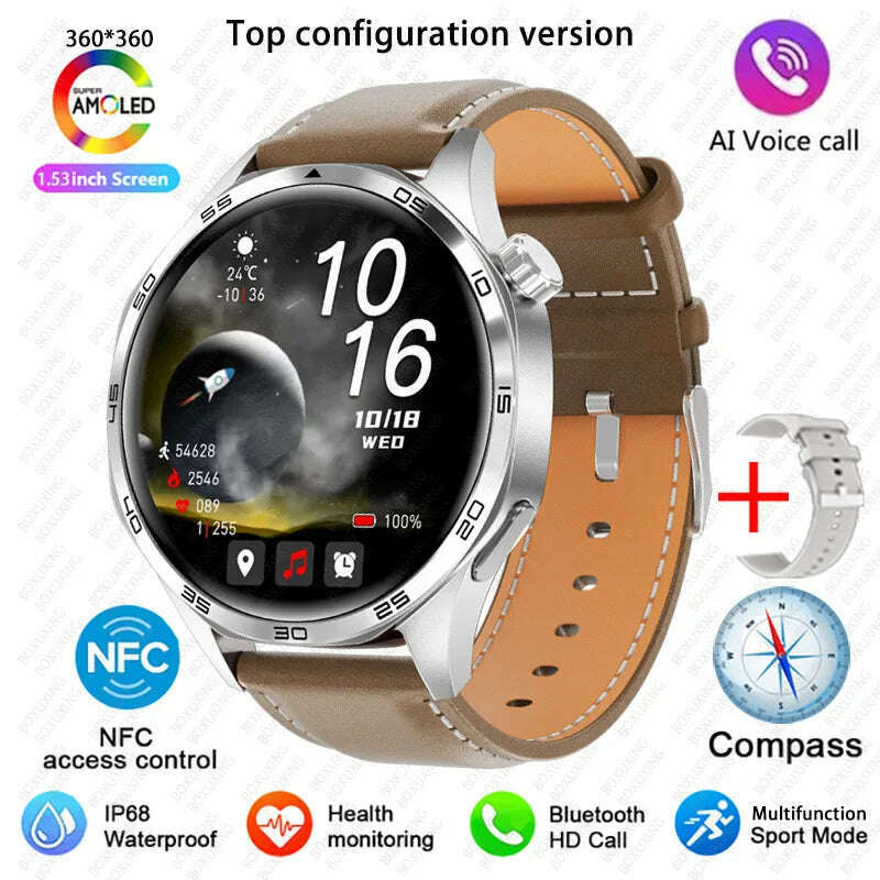 KIMLUD, GT5 PRO Smart Watch Men Watch 5 Pro AMOLED HD Screen Bluetooth Call GPS Trajectory NFC Heart Rate Compass SmartWatches 2025 New, Brown leather / GPS NFC Smart Watch, KIMLUD APPAREL - Womens Clothes