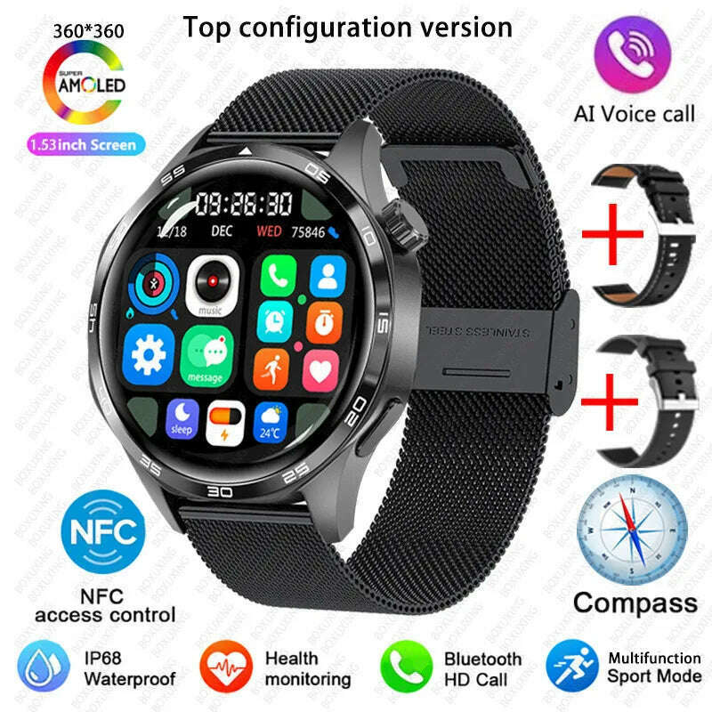 KIMLUD, GT5 PRO Smart Watch Men Watch 5 Pro AMOLED HD Screen Bluetooth Call GPS Trajectory NFC Heart Rate Compass SmartWatches 2025 New, Black mesh belt / GPS NFC Smart Watch, KIMLUD APPAREL - Womens Clothes
