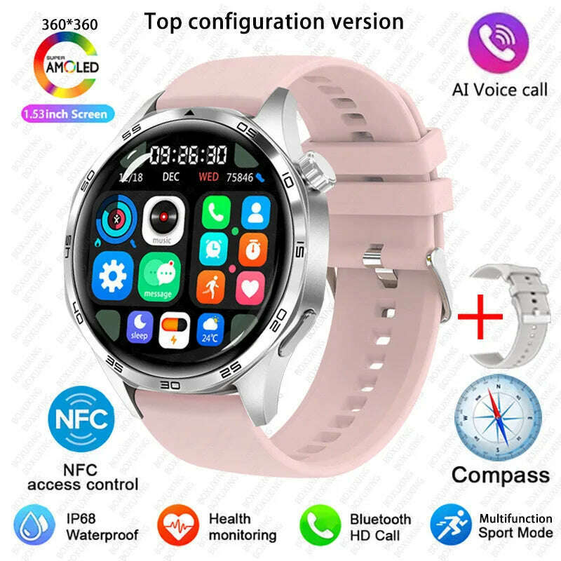 KIMLUD, GT5 PRO Smart Watch Men Watch 5 Pro AMOLED HD Screen Bluetooth Call GPS Trajectory NFC Heart Rate Compass SmartWatches 2025 New, Silver pink / GPS NFC Smart Watch, KIMLUD APPAREL - Womens Clothes