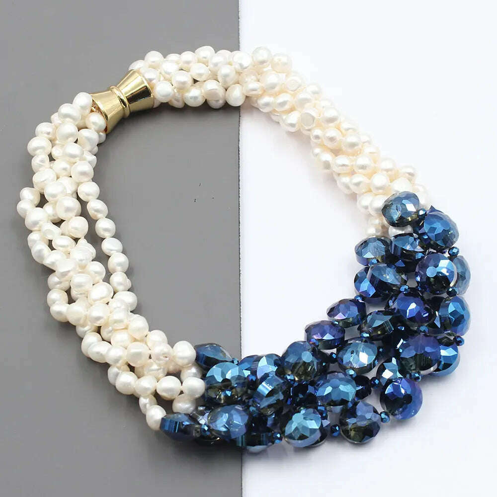 KIMLUD, GuaiGuai Jewelry 5 Rows Natural White Keshi Potato Pearl Coin Blue Glass Crytal Necklace Handmade For Lady, KIMLUD Womens Clothes