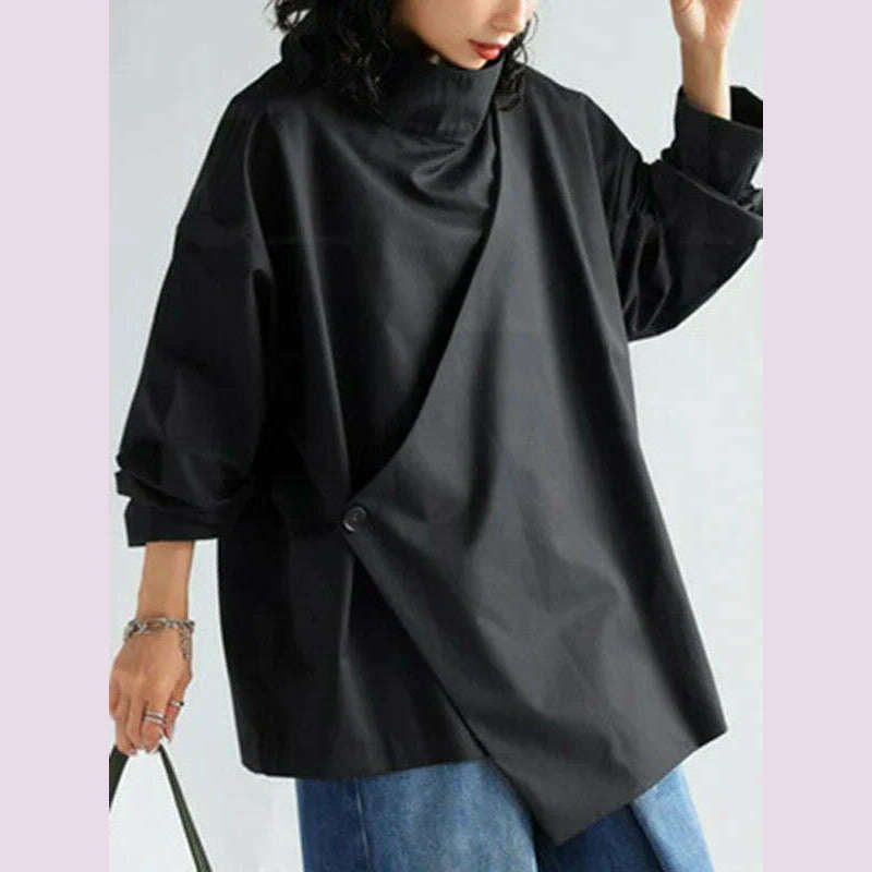 Gymystars 2024 New Black Long Sleeves Loose High Neck T-Shirts Tops Womens Spring Autumn Buttoned Casual Simpie Top - KIMLUD