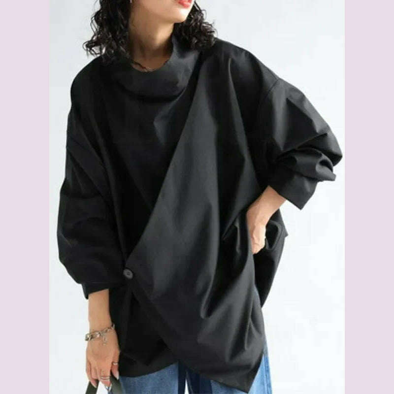 Gymystars 2024 New Black Long Sleeves Loose High Neck T-Shirts Tops Womens Spring Autumn Buttoned Casual Simpie Top - KIMLUD