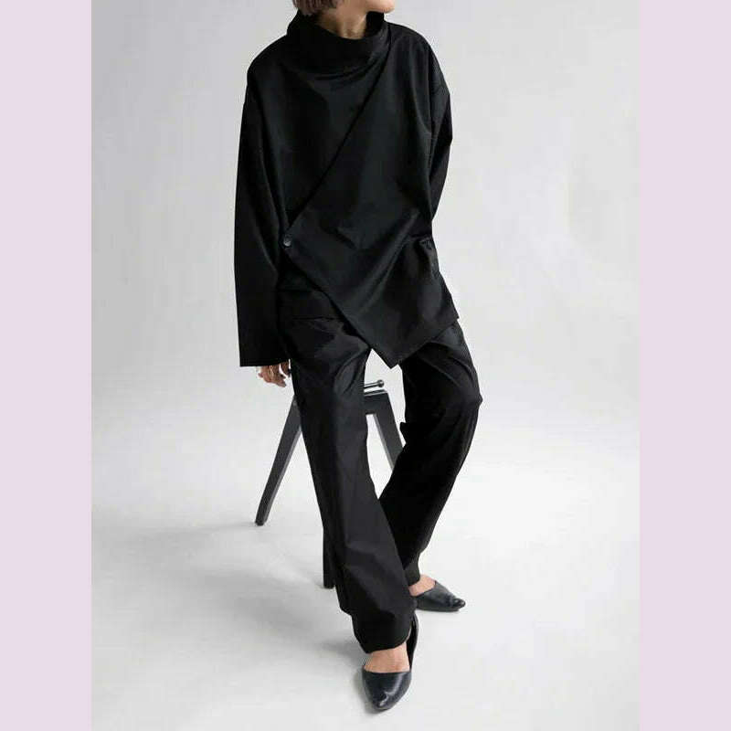 Gymystars 2024 New Black Long Sleeves Loose High Neck T-Shirts Tops Womens Spring Autumn Buttoned Casual Simpie Top - KIMLUD
