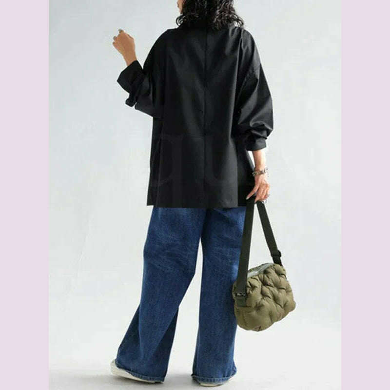 Gymystars 2024 New Black Long Sleeves Loose High Neck T-Shirts Tops Womens Spring Autumn Buttoned Casual Simpie Top - KIMLUD