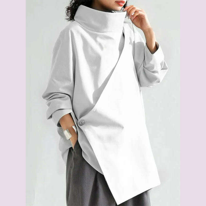 Gymystars 2024 New Black Long Sleeves Loose High Neck T-Shirts Tops Womens Spring Autumn Buttoned Casual Simpie Top - KIMLUD