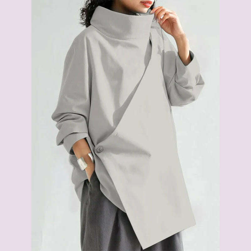 Gymystars 2024 New Black Long Sleeves Loose High Neck T-Shirts Tops Womens Spring Autumn Buttoned Casual Simpie Top - KIMLUD