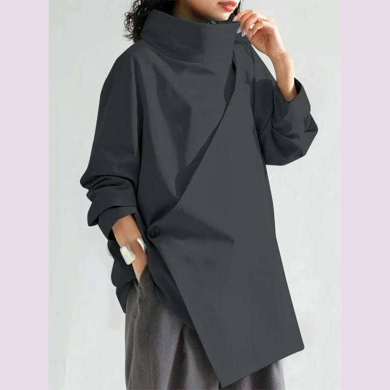 Gymystars 2024 New Black Long Sleeves Loose High Neck T-Shirts Tops Womens Spring Autumn Buttoned Casual Simpie Top - KIMLUD