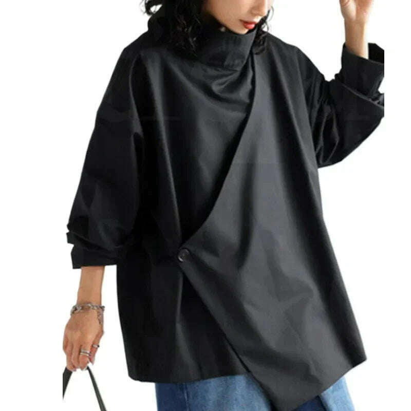 Gymystars 2024 New Black Long Sleeves Loose High Neck T-Shirts Tops Womens Spring Autumn Buttoned Casual Simpie Top - KIMLUD