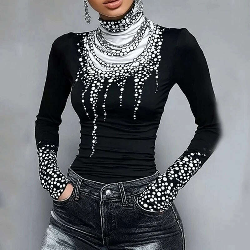 KIMLUD, Gymystars Long Sleeve T Shirt Skinny Printed Tops for Women New Autumn High-Neck Slim Fit Clothes Black Wear Base Layer Outside, KIMLUD Womens Clothes