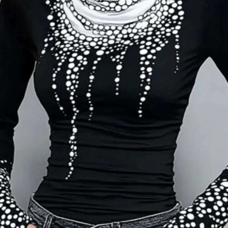 KIMLUD, Gymystars Long Sleeve T Shirt Skinny Printed Tops for Women New Autumn High-Neck Slim Fit Clothes Black Wear Base Layer Outside, KIMLUD Womens Clothes