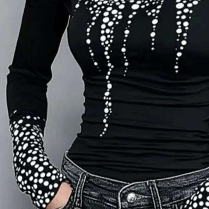 KIMLUD, Gymystars Long Sleeve T Shirt Skinny Printed Tops for Women New Autumn High-Neck Slim Fit Clothes Black Wear Base Layer Outside, KIMLUD Womens Clothes