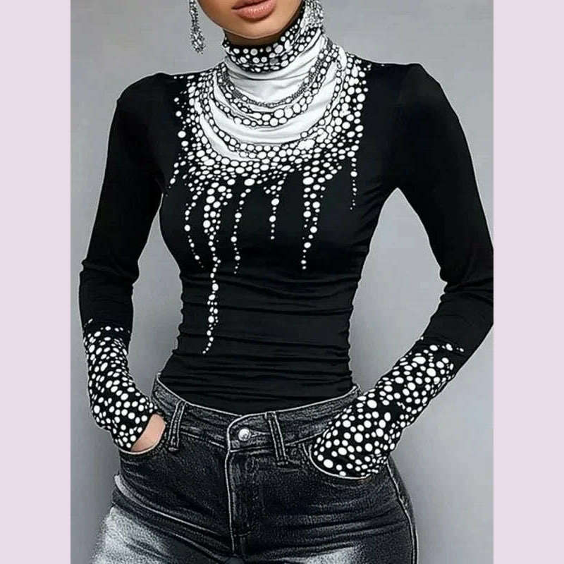 KIMLUD, Gymystars Long Sleeve T Shirt Skinny Printed Tops for Women New Autumn High-Neck Slim Fit Clothes Black Wear Base Layer Outside, BLACK / XL, KIMLUD APPAREL - Womens Clothes
