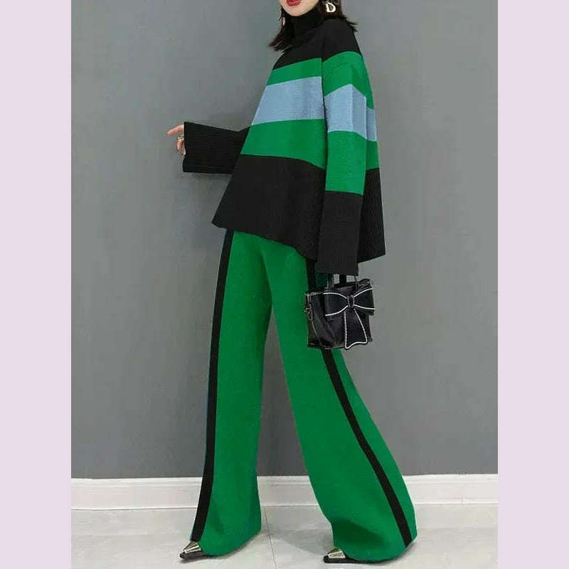 Gymystars Women's Suits Autumn Pants Sets New Casual Elegant Contrast Color Sweater Tops Loose Office Female Pullovers&Trousers - KIMLUD