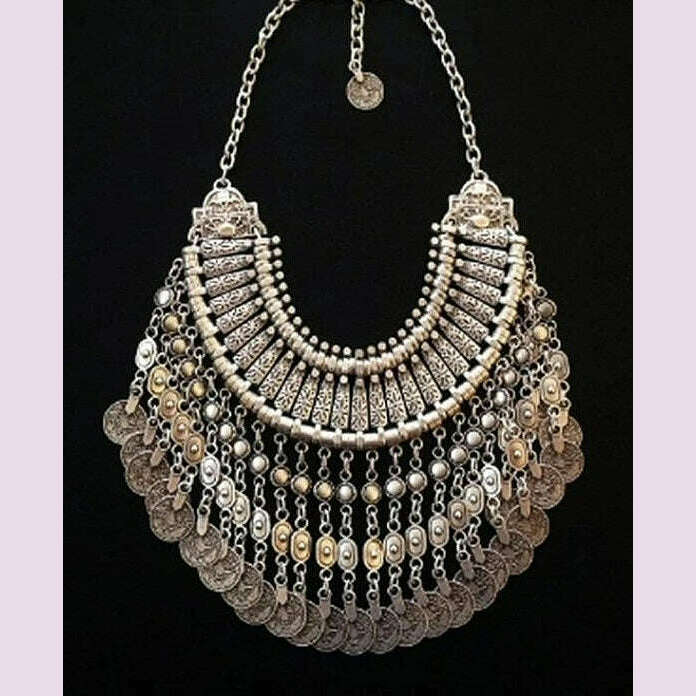 KIMLUD, Gypsy Bohemian Vintage Metal Coin Bib Long Tassel Necklaces for Women Big Chunky Choker Collar Necklace Turkish Party Jewelry, KIMLUD Womens Clothes