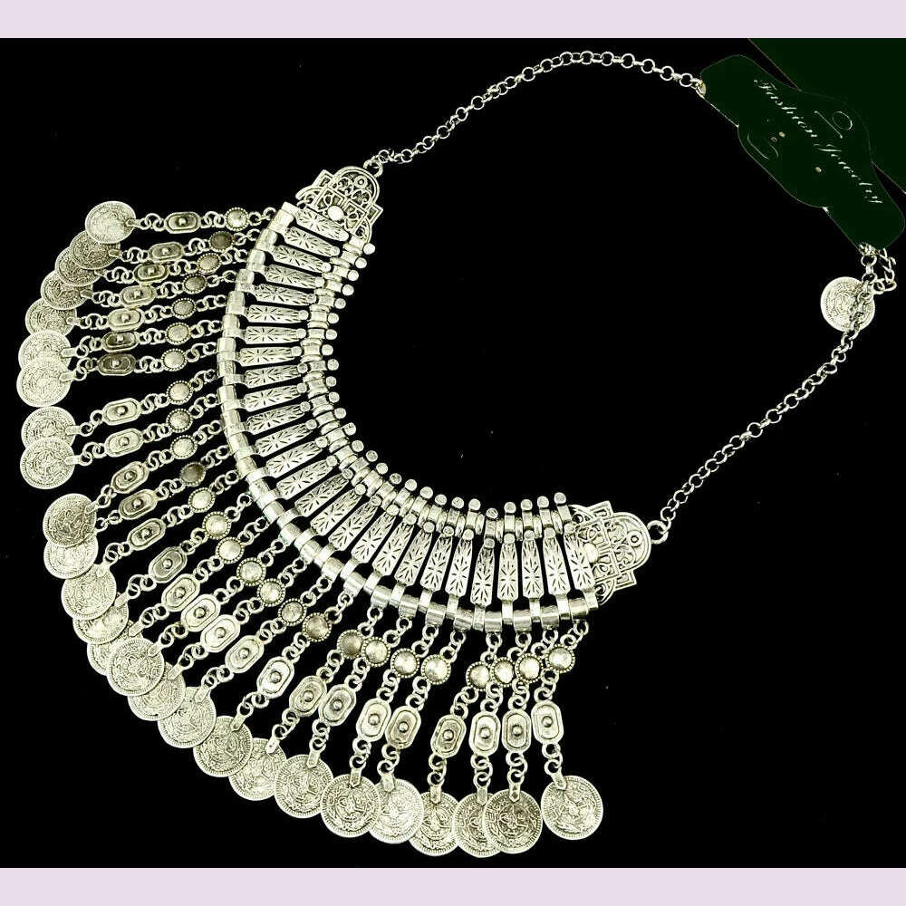 KIMLUD, Gypsy Bohemian Vintage Metal Coin Bib Long Tassel Necklaces for Women Big Chunky Choker Collar Necklace Turkish Party Jewelry, KIMLUD Womens Clothes