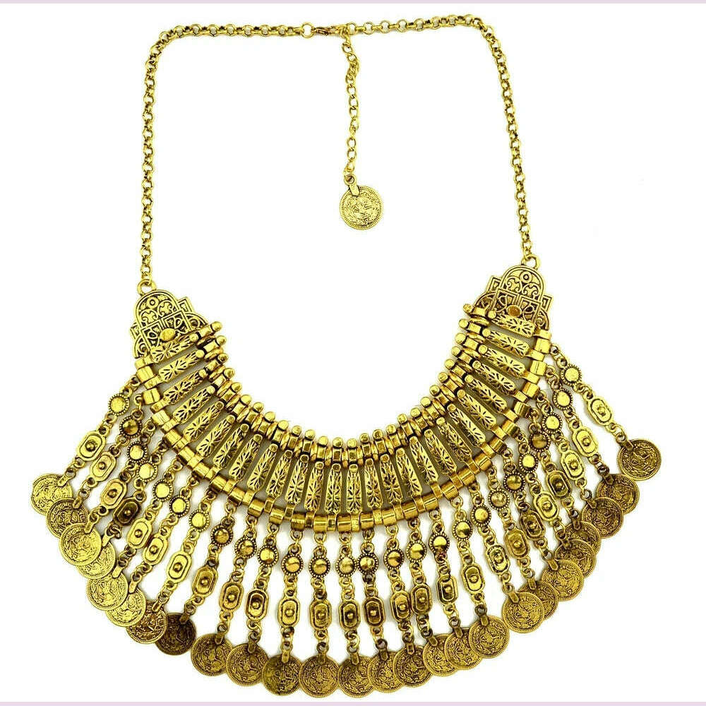 KIMLUD, Gypsy Bohemian Vintage Metal Coin Bib Long Tassel Necklaces for Women Big Chunky Choker Collar Necklace Turkish Party Jewelry, KIMLUD Womens Clothes