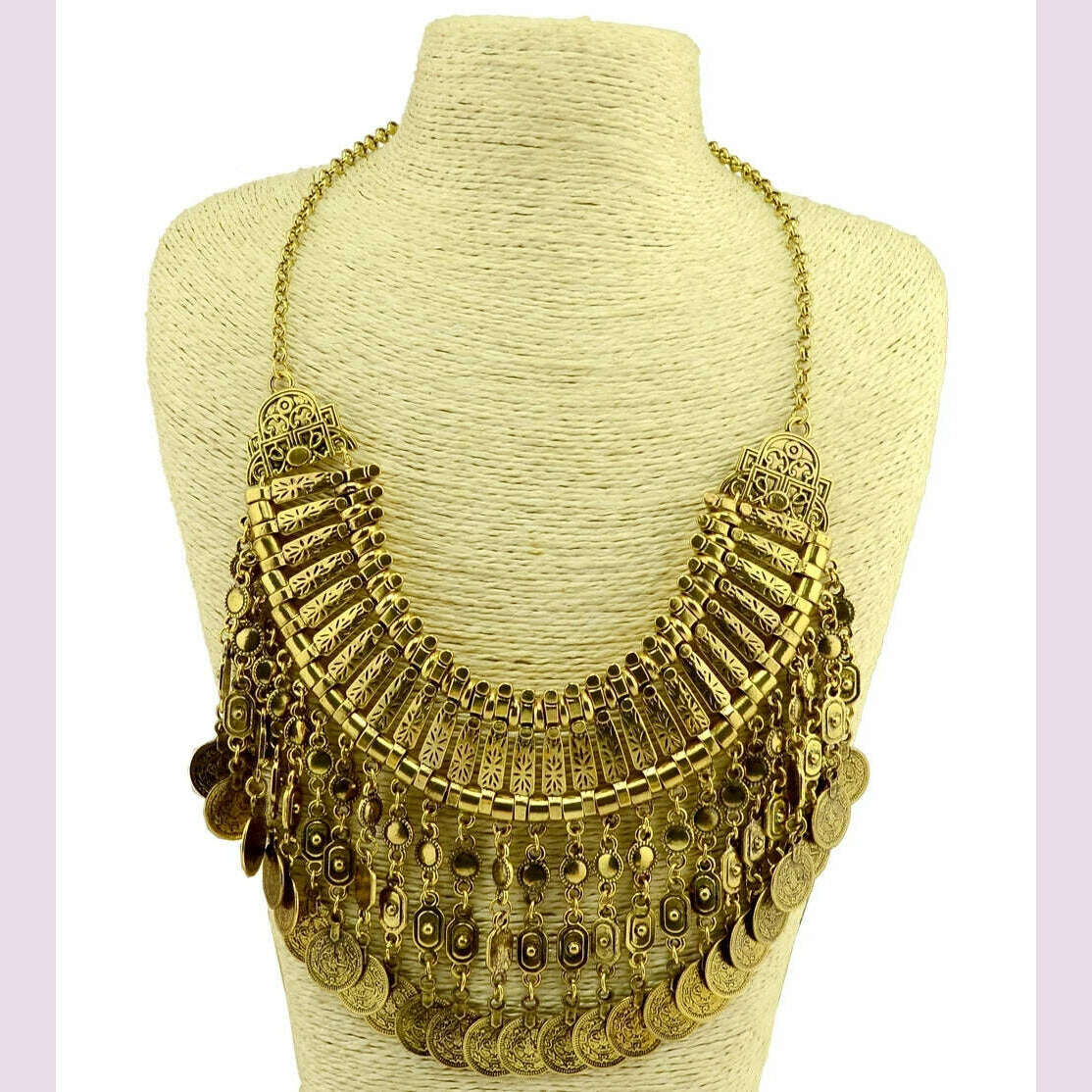KIMLUD, Gypsy Bohemian Vintage Metal Coin Bib Long Tassel Necklaces for Women Big Chunky Choker Collar Necklace Turkish Party Jewelry, KIMLUD Womens Clothes