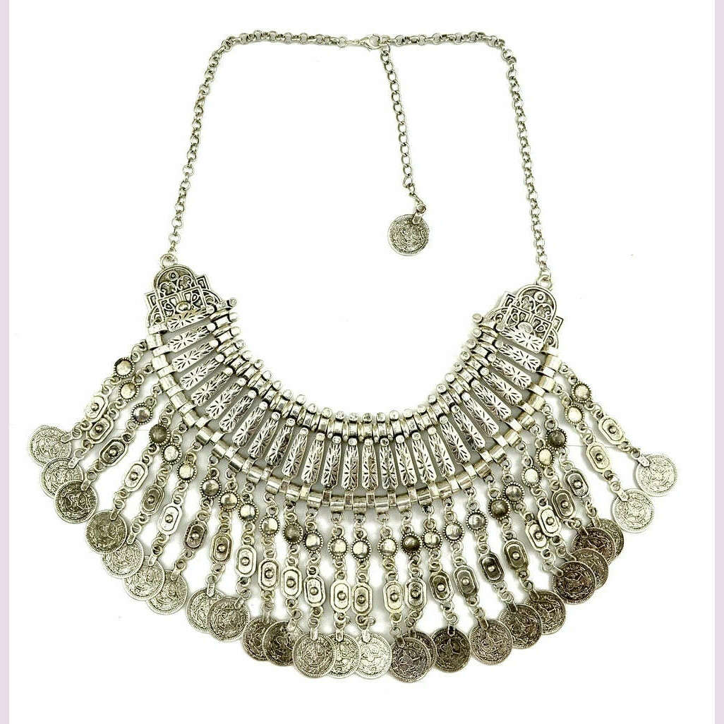 KIMLUD, Gypsy Bohemian Vintage Metal Coin Bib Long Tassel Necklaces for Women Big Chunky Choker Collar Necklace Turkish Party Jewelry, S, KIMLUD APPAREL - Womens Clothes