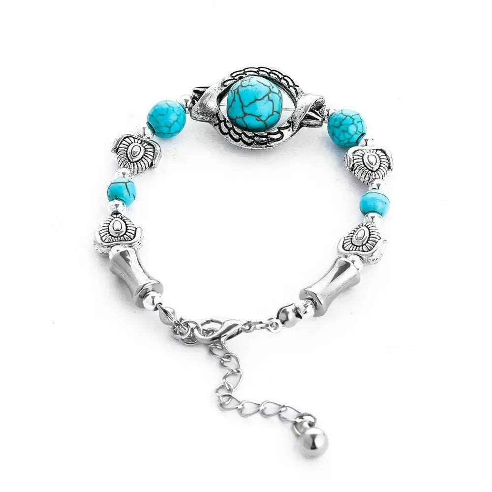 KIMLUD, Gypsy Tribal Tibetan Bracelet for Women Boho Vintage Silvery Men's Turquoise Elastic Bangle Afghan Turkish Ethnic Indian Jewelry, 1023C, KIMLUD APPAREL - Womens Clothes
