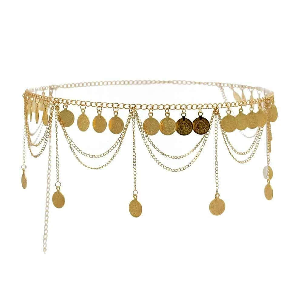 Gypsy Tribal Vintage Gold Color Metal Coin Tassel Waist Belly Chain for Women Indian Dance Afghan Ethnic Dress Belt Body Jewelry - KIMLUD
