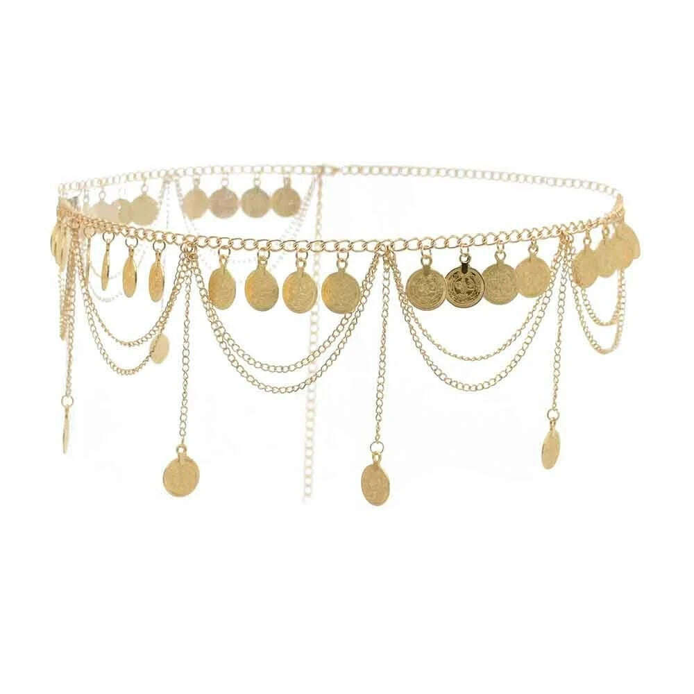 Gypsy Tribal Vintage Gold Color Metal Coin Tassel Waist Belly Chain for Women Indian Dance Afghan Ethnic Dress Belt Body Jewelry - KIMLUD