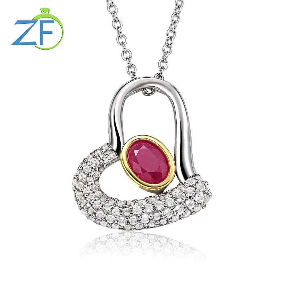 KIMLUD, GZ ZONGFA Genuine 925 Sterling Silver Red Heart Pendant Necklace For Women Natural Ruby 1ct White topaz Cross Chain Fine Jewelry, Ruby / Rhodium Plated / 45cm | CHINA, KIMLUD Womens Clothes