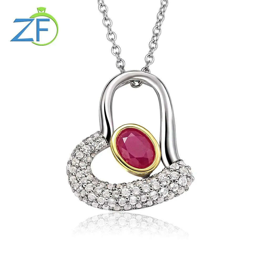 KIMLUD, GZ ZONGFA Genuine 925 Sterling Silver Red Heart Pendant Necklace For Women Natural Ruby 1ct White topaz Cross Chain Fine Jewelry, Ruby / Rhodium Plated / 45cm | CHINA, KIMLUD APPAREL - Womens Clothes