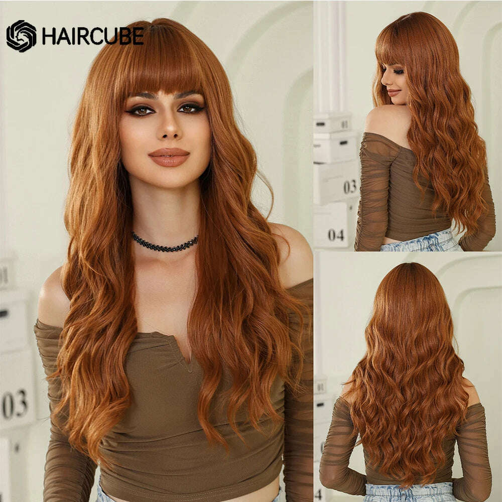 KIMLUD, HAIRCUBE Long Brown Wavy with Bangs Synthetic Wigs for Black Women Deep Curly Wigs Christmas Party Softy High Temperature Fiber, KIMLUD Womens Clothes