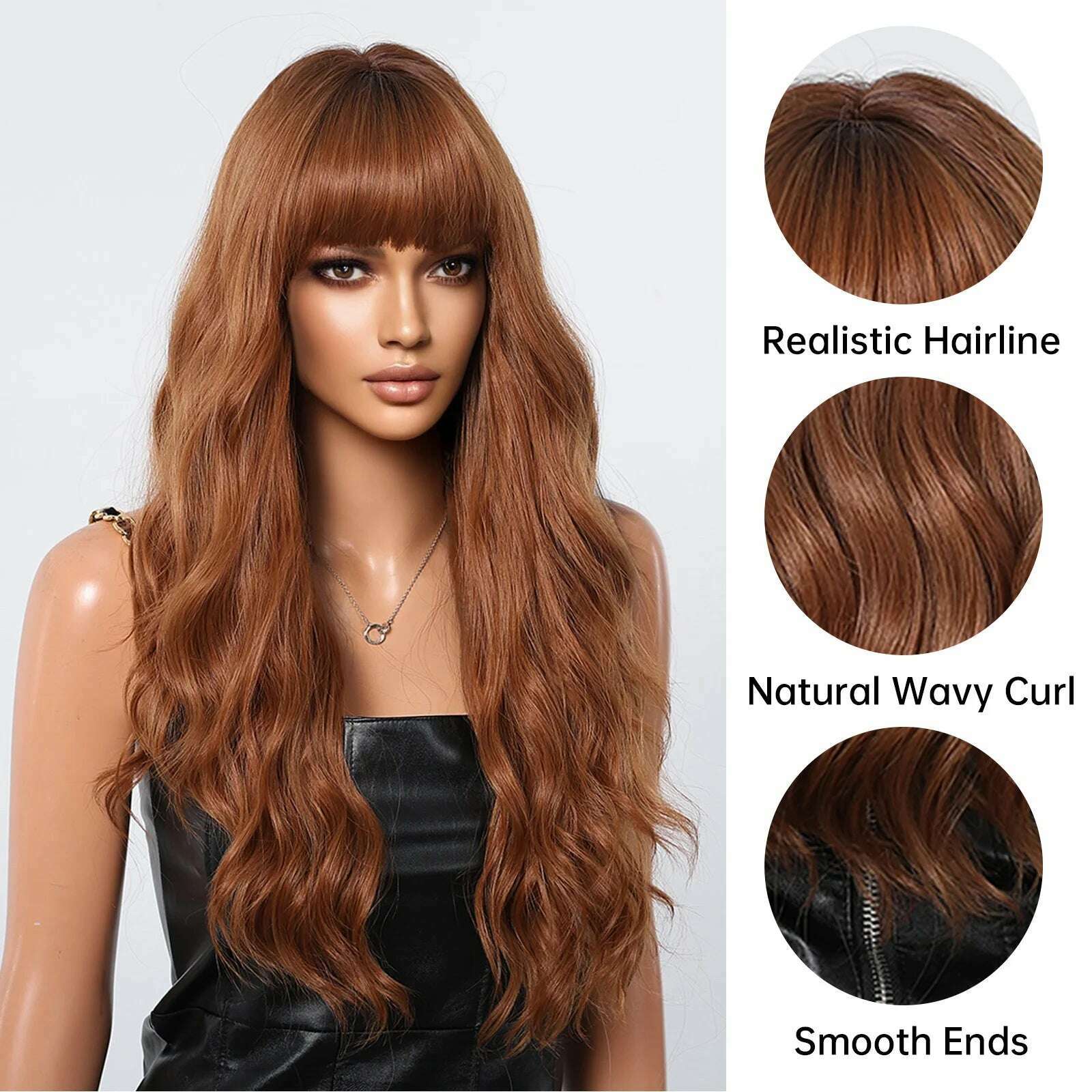 KIMLUD, HAIRCUBE Long Brown Wavy with Bangs Synthetic Wigs for Black Women Deep Curly Wigs Christmas Party Softy High Temperature Fiber, KIMLUD Womens Clothes