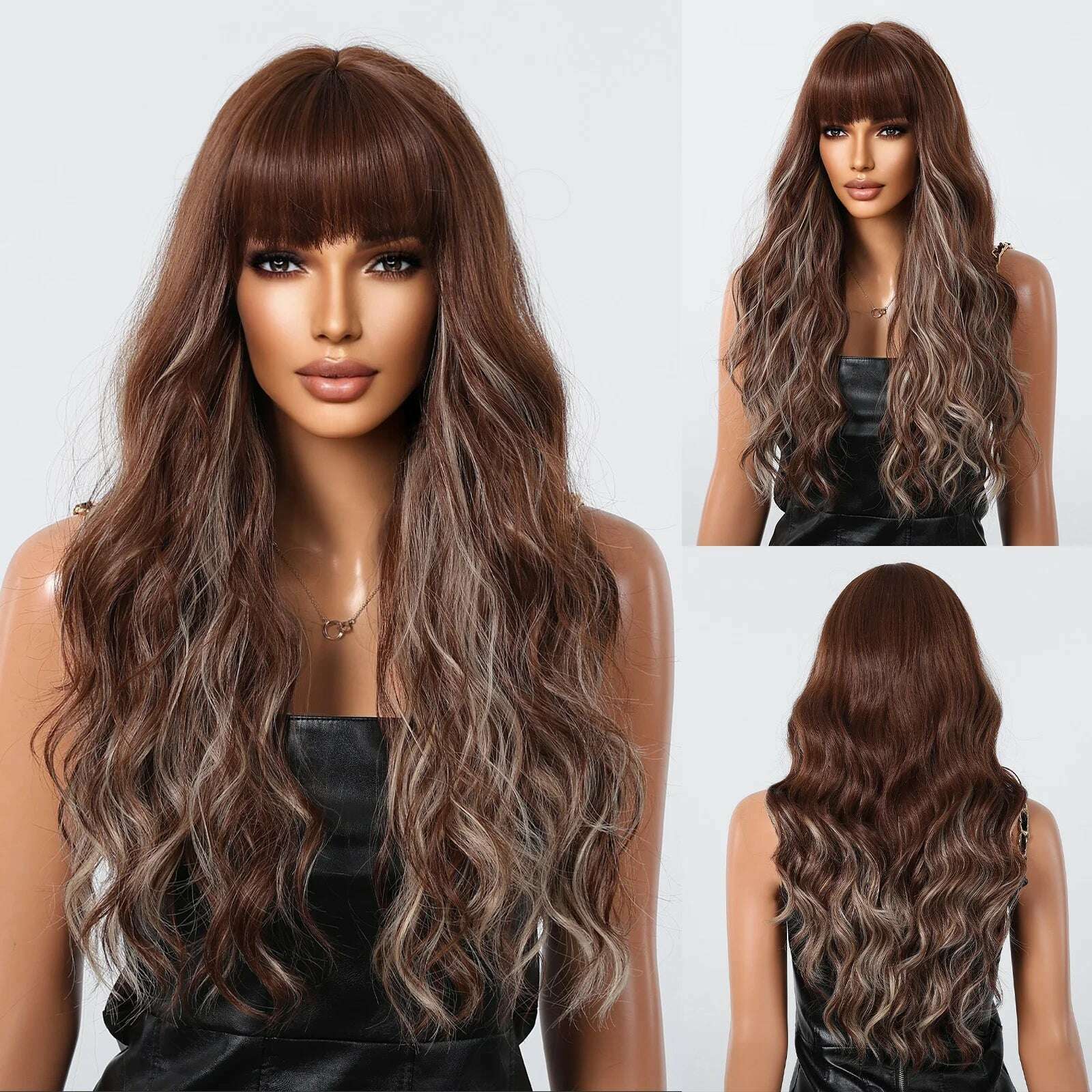 KIMLUD, HAIRCUBE Long Brown Wavy with Bangs Synthetic Wigs for Black Women Deep Curly Wigs Christmas Party Softy High Temperature Fiber, LC3059-2, KIMLUD Womens Clothes