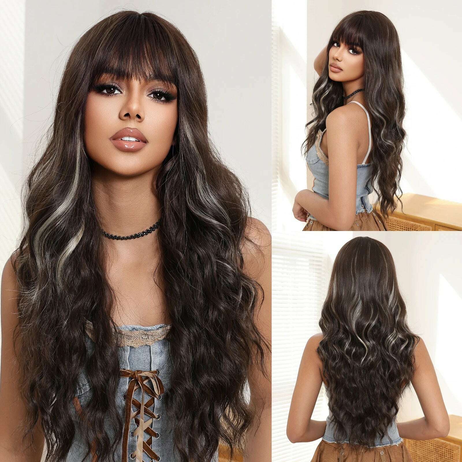 KIMLUD, HAIRCUBE Long Brown Wavy with Bangs Synthetic Wigs for Black Women Deep Curly Wigs Christmas Party Softy High Temperature Fiber, LC3043-1, KIMLUD Womens Clothes