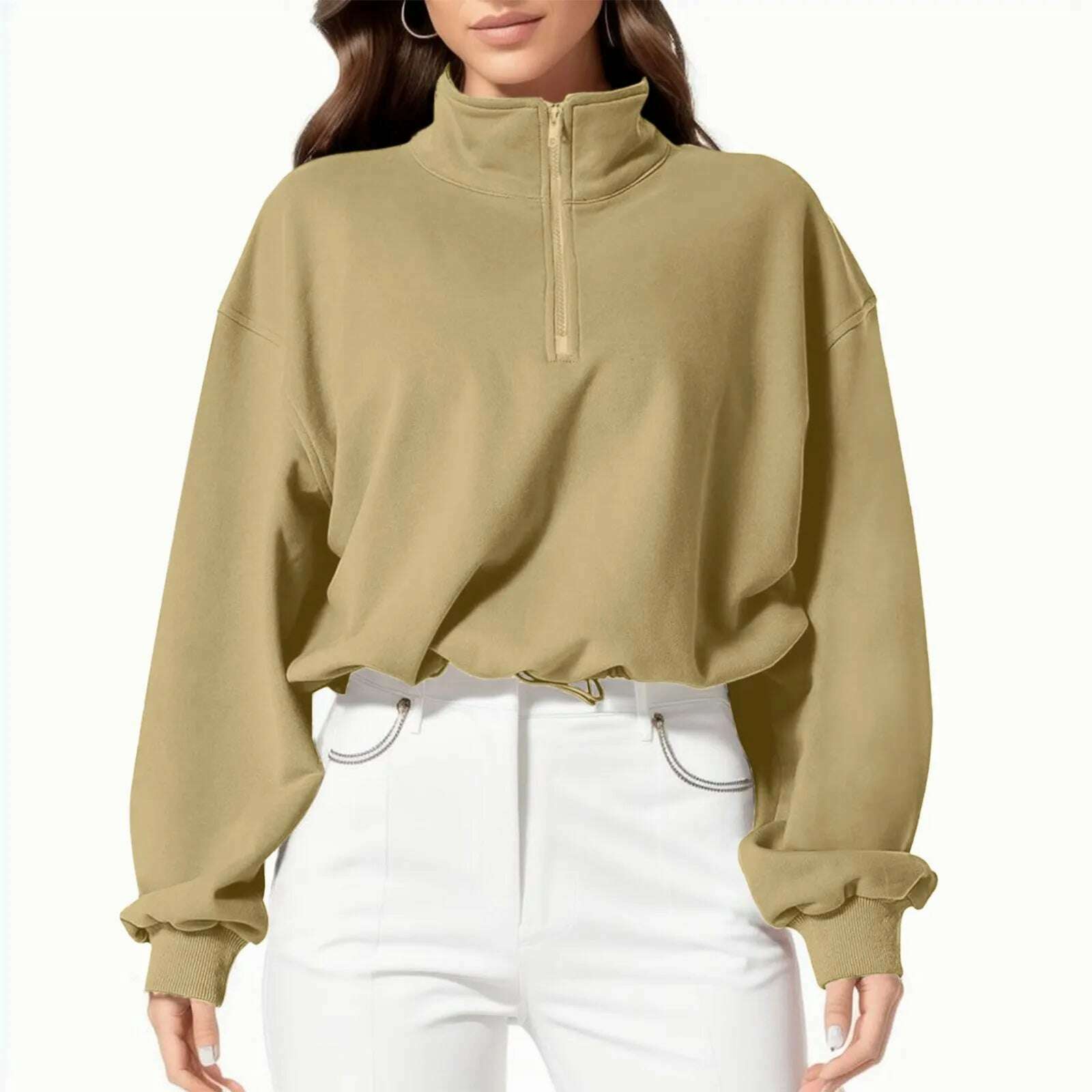 KIMLUD, Half Zip Women Overzised Hoodie Stand Collar Casual Sweatshirts Long Sleeve Hip Hop Loose Fit Thumb Hole Autumn Jacket Coats, Khaki / XXL, KIMLUD APPAREL - Womens Clothes