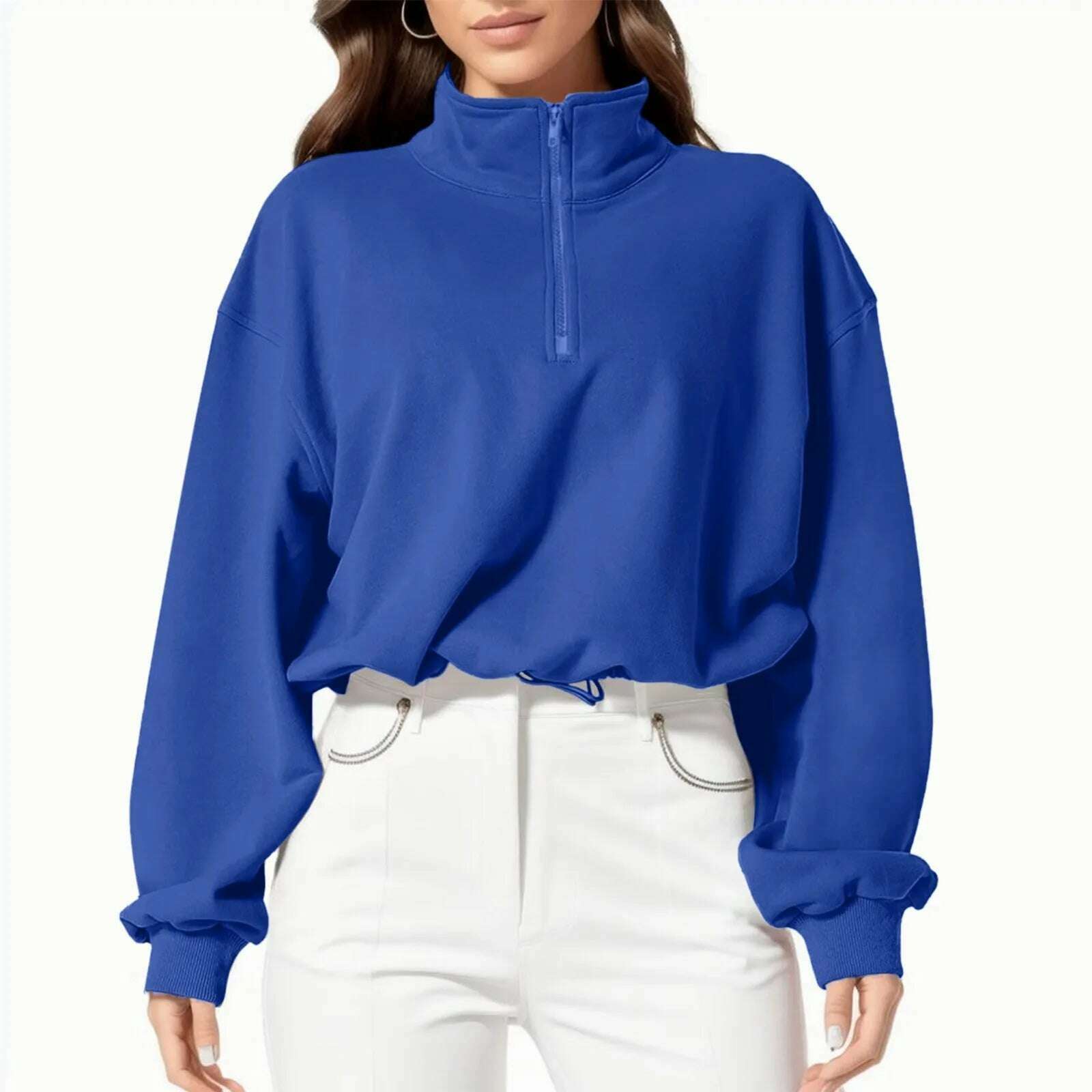 KIMLUD, Half Zip Women Overzised Hoodie Stand Collar Casual Sweatshirts Long Sleeve Hip Hop Loose Fit Thumb Hole Autumn Jacket Coats, Sky Blue / XL, KIMLUD APPAREL - Womens Clothes